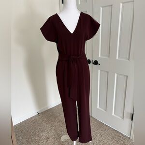 Express Women's V-Neck Belted Jumpsuit in Deep Burgundy